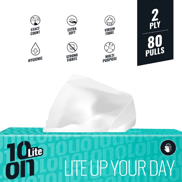 10on Lite Soft Facial Tissues - 2ply, 80 Pulls x Pack of 4, Total 320 Pulls - Image 2