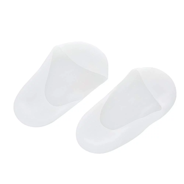 Pair of pink silicone moisturizing gel heel socks being applied to a foot for cracked skin care.