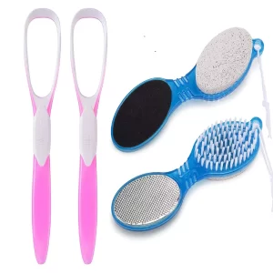 1 Piece 4 in 1 Foot Scrubber for Dead Skin Pedicure Tool Brush Foot Files Callus Remover with Foot Rasp, Pumice Stone, Nail Cleaning Brush and Sand Paper for Dry and Wet Foot Care Dead Skin Remover with 1pc Stylish Tongue Cleaner( Color May Vary)