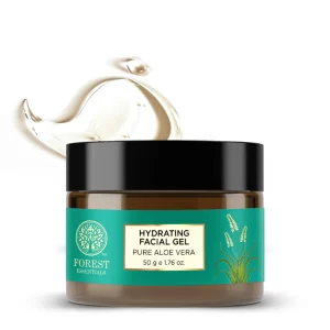 Forest Essentials Pure Aloe Vera Ayurvedic Facial Gel jar on a clean counter.