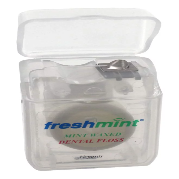 Package of twelve Freshmint travel-sized mint waxed dental floss spools in pocket cases.