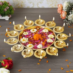 14 Inch Gold Diya-Shaped Urli Bowl – Handcrafted Floating Flower & Tea Light Candle Decor for Home, Office, Diwali & Festive Table Styling