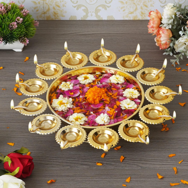 14-inch handcrafted Gold Diya Urli Bowl for floating flowers and festive table decor in the USA