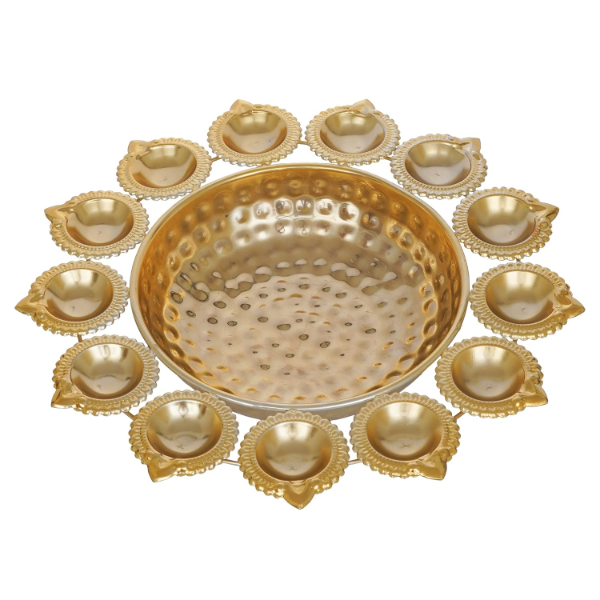Gold Diya-Shaped Urli Bowl – Handcrafted Floating Flower & Tea Light Candle Decor for Home, Office, Diwali & Festive Table Styling | 14 Inch - Image 2