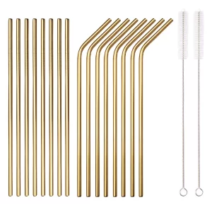 18 Piece Gold Stainless Steel Straws, 8.5 ' Reusable Drinking Straws,with Portable pouch,Suitable for wine and cold drinks (8 Straight/8 Bent/2 Brushes)