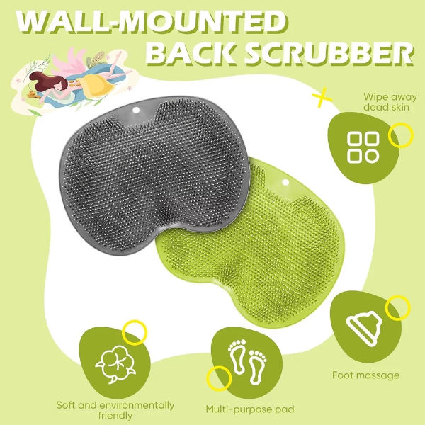 2 Pieces Shower Foot Scrubber Mat Hands Free Back Scrubber for Shower Wall Mounted Bath Massage Pad Back Scrubber Back with Non Slip Suction Cups Foot Cleaner for Men Women (Gray, Green) - Image 3