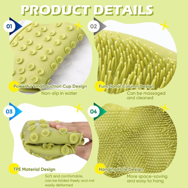 2 Pieces Shower Foot Scrubber Mat Hands Free Back Scrubber for Shower Wall Mounted Bath Massage Pad Back Scrubber Back with Non Slip Suction Cups Foot Cleaner for Men Women (Gray, Green) - Image 4