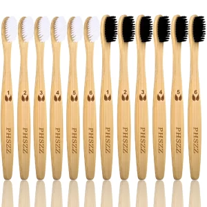 12 Pack Bamboo Toothbrushes, PHSZZ Natural Eco-Friendly Soft Bristles Bamboo Toothbrush, BPA Free Biodegradable Compostable Charcoal Organic Green Wooden Toothbrushes, Numbered for Easy Recognition