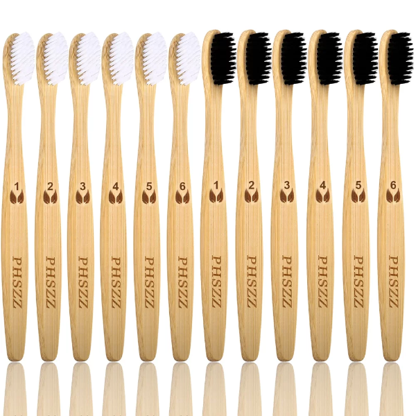 12 Pack Bamboo Toothbrushes, PHSZZ Natural Eco-Friendly Soft Bristles Bamboo Toothbrush, BPA Free Biodegradable Compostable Charcoal Organic Green Wooden Toothbrushes, Numbered for Easy Recognition