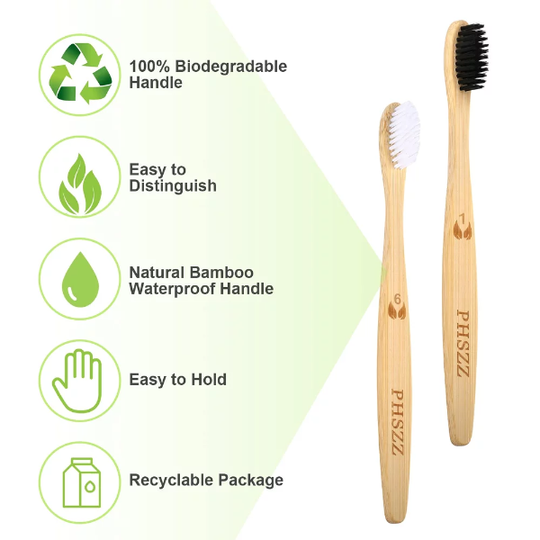 12 Pack Bamboo Toothbrushes, PHSZZ Natural Eco-Friendly Soft Bristles Bamboo Toothbrush, BPA Free Biodegradable Compostable Charcoal Organic Green Wooden Toothbrushes, Numbered for Easy Recognition - Image 3