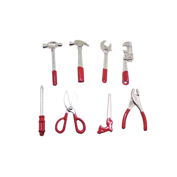 An 8-piece collection of realistic alloy mini doll house tools arranged for craft modeling