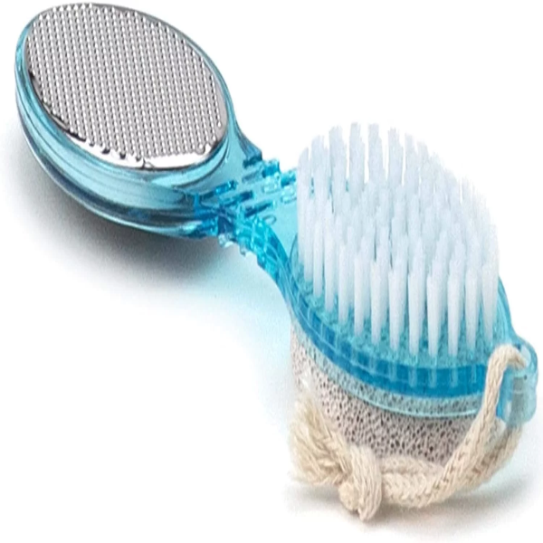 Translucent blue 2 in 1 foot scrubber tool with robust bristles and file surface.
