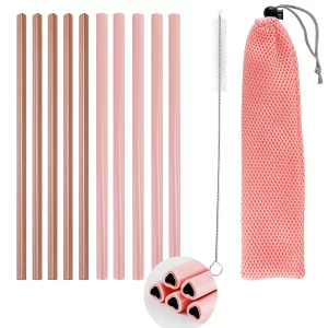 10Pcs Heart Straws Heart Shaped Straws with Silicone Tips Reusable Stainless Steel Straws Silicone Straws with 1 Cleaning Brushes and Mesh Bag for Hot Cold Drinks Valentines Day Birthday Wedding Gifts