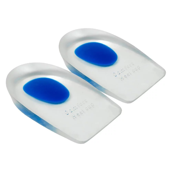 Clear silicone gel heel cup with targeted blue and red soft cushioning zones resting inside a running shoe.