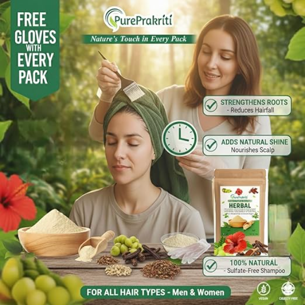 Herbal Hair Mask| Hair Fall Control & Growth |100% Natural Ayurvedic Powder |Pack For Dry & Frizzy Hair | Amla Reetha Shikakai Bhringraj Hibiscus | Prevents Premature Greying (100g) +Free Gloves (Pack of 2) - Image 2