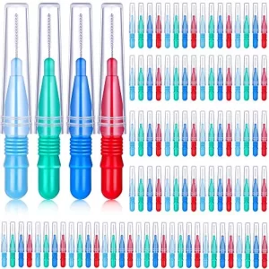 100 Pieces Interdental Brush Toothpick Dental Tooth Flossing Head Oral Dental Hygiene Interdental Brush Dental Flosser Toothpick Cleaners Tooth Cleaning Tool (Red, Blue, Green, Light Blue)