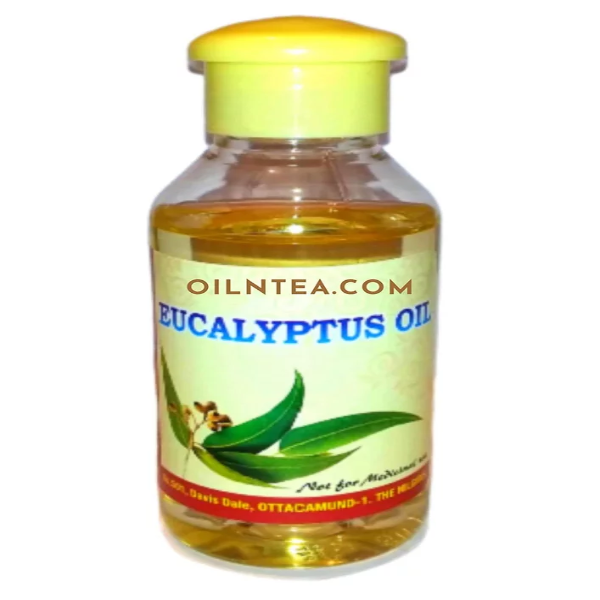 A 55ml travel-friendly bottle of pure Nilgiri essential oil sitting next to fresh green eucalyptus leaves.