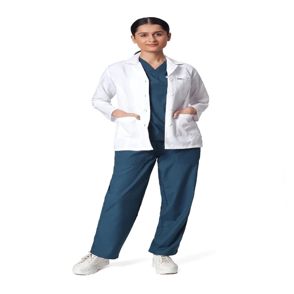 Female doctor wearing the KNYA white women's medical lab coat with 3 functional pockets.