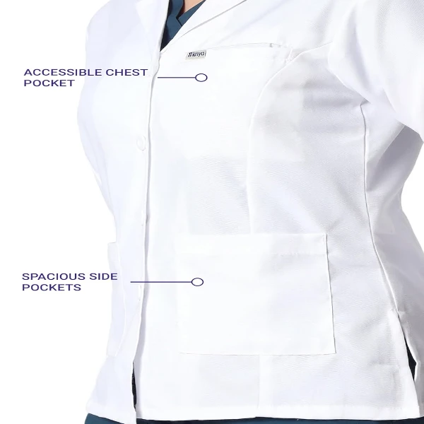 KNYA Women's Lab Coat | Poly Viscose Long Sleeves Short Medical Apron | 3 Pockets Apron Lab Coat | Uniform for Doctors | S, White - Image 2