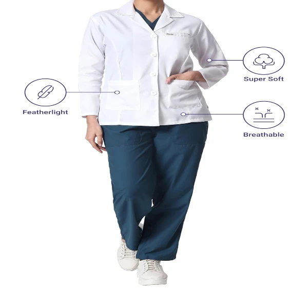 KNYA Women's Lab Coat | Poly Viscose Long Sleeves Short Medical Apron | 3 Pockets Apron Lab Coat | Uniform for Doctors | S, White - Image 3
