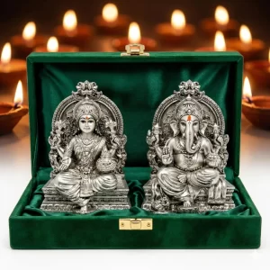 Premium Silver-Plated Lakshmi Ganesha Idol Set (3.7 Inch) – Hindu Goddess Lakshmi & Lord Ganesha Statues for Home Temple, Pooja Room, Office Desk & Spiritual Decor
