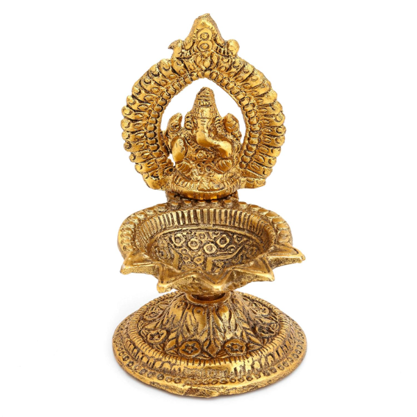 4.5-inch handcrafted Ganesha Diya Oil Lamp with gold finish for home temples in the USA
