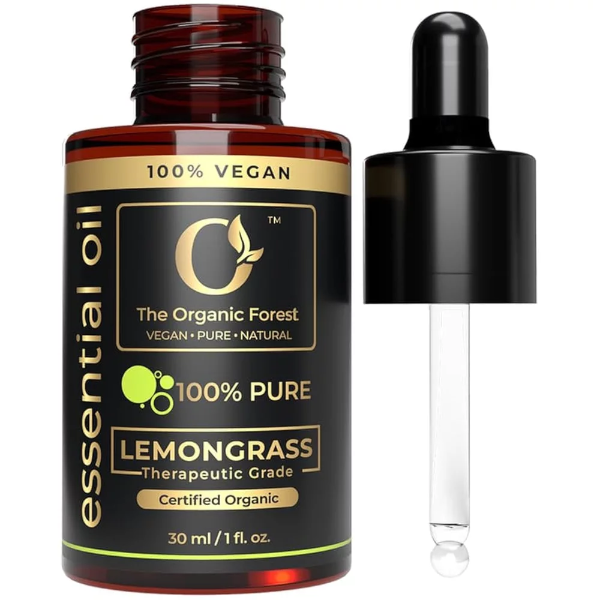 Organic lemongrass oil amber dropper bottle with fresh green lemongrass stalks.