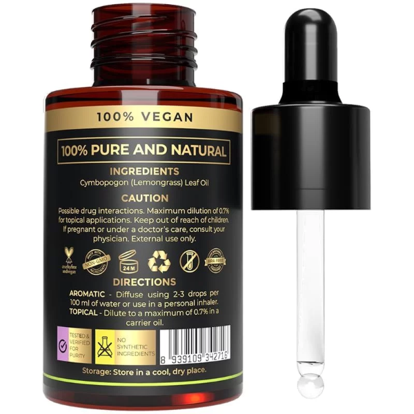 100% Plant Based Lemongrass Essential Oil | Ideal for Relaxation | Organic, Skin Safe, Lemon Grass Oil for Diffusers, Candle Making, Hair Care & Natural Skin Care - Image 2