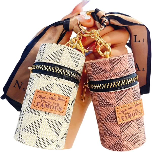 Stylish multi color leather lipstick holder keychain bag charm with brass keyring