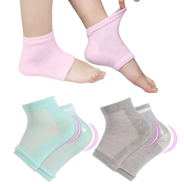Three pairs of colorful vented moisturizing gel socks for cracked heel treatment.