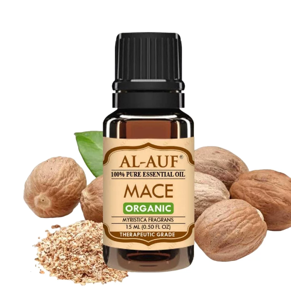 A 15ML amber glass bottle of pure therapeutic grade mace essential oil for muscle massage.