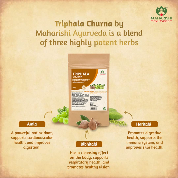 Maharishi Ayurveda Triphala Churna -100 g Pack of 1 | Triphala Powder with Haritaki, Amalaki, Vibhitaki | For Bowel Movement | Relieves Constipation | For Digestion, Gut Health, Gas & Acidity Relief - Image 3