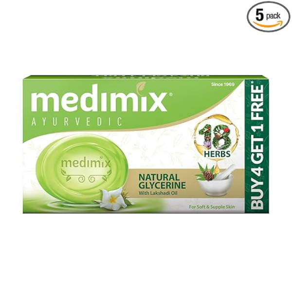 Medimix Ayurvedic Natural Glycerine Bathing Soap with Lakshadi Oil for Soft, Supple & Moisturised Skin 125G (Buy 4 Get 1 Extra Combo Pack) | Natural | Herbal | Paraben-Free & Sulphate-Free |100% Vegan