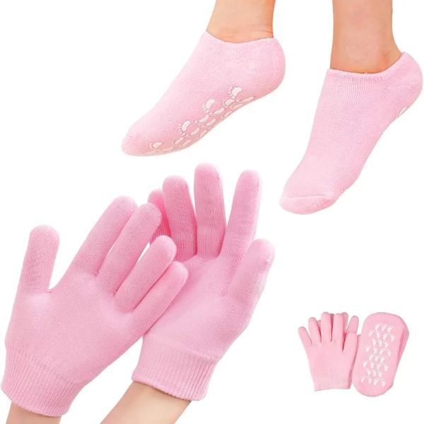 4 Pcs Moisturizing Gel Gloves & Socks Set – Spa Therapy for Dry Cracked Hands & Feet Skin Care, Hydrating Repair Treatment (Pink)