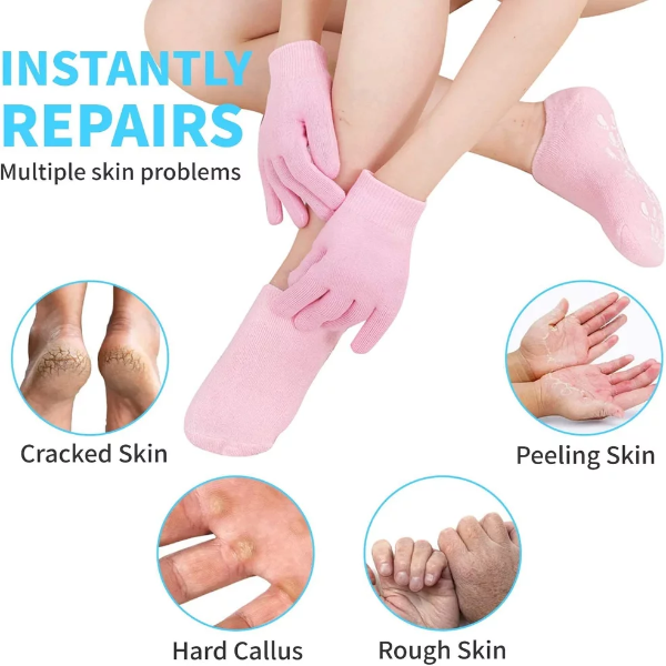 4 Pcs Moisturizing Gel Gloves & Socks Set – Spa Therapy for Dry Cracked Hands & Feet Skin Care, Hydrating Repair Treatment (Pink) - Image 4
