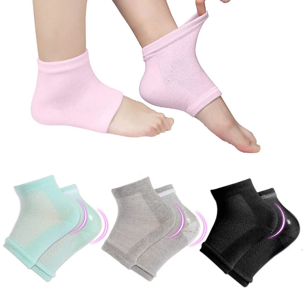 4 Pairs Moisturizing Gel Socks for Dry Cracked Heels – Vented Spa Foot Treatment Socks with Hydrating Gel Lining (Pink, Grey, Turquoise & Black)