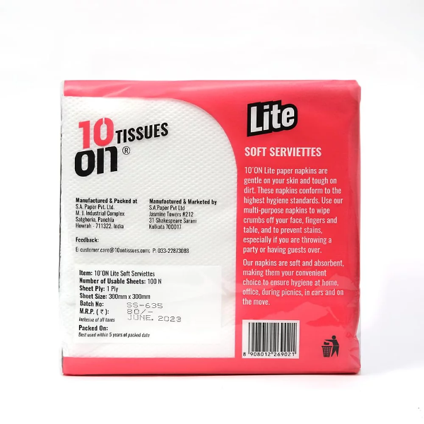 10on Lite Soft Napkins, 1 Ply Tissue Paper, 100 Pulls per Pack, Pack of 6 (100 x 6 = 600 Sheets) - Image 3