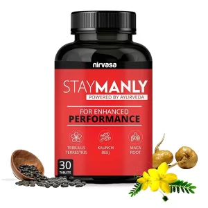 Nirvasa StayManly Tablets (30 Tabs) | Ayurvedic Strength, Stamina & Performance Booster | Boosts Energy, Endurance & Vitality | Tribulus Terrestris, Ashwagandha, Safed Musli & Shilajit- Pack of 1