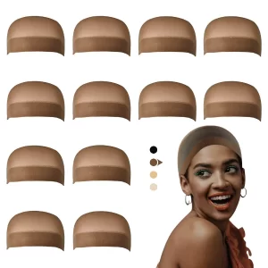12 Pack Dreamlover Brown Nylon Wig Caps, Stretchy Close End Stocking Wig Caps