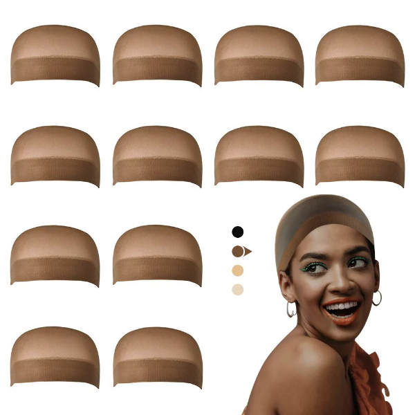 Pack of twelve premium brown stocking wig caps for flat and seamless lace front wig installation.