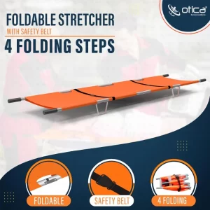 OTICA Foldable Stretcher for Patient Shifting, Portable Stretcher for Emergency Hospital Use, Stretcher for Patient with Safety Belt, Stretcher for Ambulance (Aluminium, Orange, Four Fold)