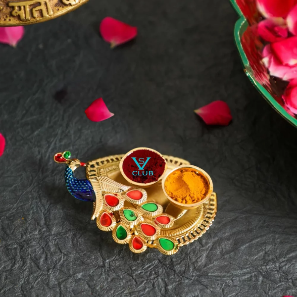 10 Piece Leaf Shape Peacock Thamboolam Set With Pasupu Kumkum- Fancy Golden Leaf Style Set Combo With Haldi Kumkum multi-colour (10)