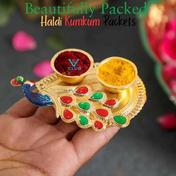10 Piece Leaf Shape Peacock Thamboolam Set With Pasupu Kumkum- Fancy Golden Leaf Style Set Combo With Haldi Kumkum multi-colour (10) - Image 2
