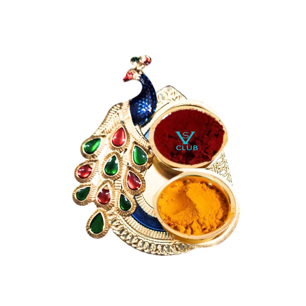 10 Piece Leaf Shape Peacock Thamboolam Set With Pasupu Kumkum- Fancy Golden Leaf Style Set Combo With Haldi Kumkum multi-colour (10) - Image 3