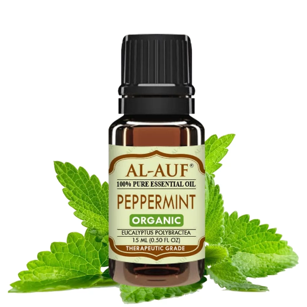 A 15ML amber glass bottle of organic peppermint essential oil for headache relief.
