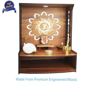 Wall Mounted Wooden Pooja Mandir with LED Light – Compact Home Temple for Prayer Room, Office & Meditation Decor (15.5” H)