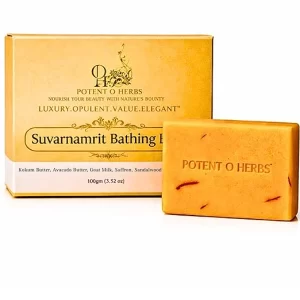 Potent O’ Herbs Suvarnamrit Ayurvedic Soap – Saffron & Sandalwood Bathing Bar for Golden Glow – Cold Processed with Kokum & Avocado Butter, 100g