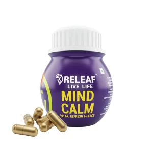 RELEAF Mind Calm Ayurvedic Stress Support Capsules, 60 Veg Capsules, with Tagara, Shankhpushpi, Nardostachys Jatamansi & Jyotishmati seed, Unflavoured, 500mg
