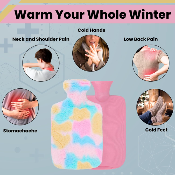 ARSH Hot Water Bag with Soft Cover – Hot & Cold Therapy for Pain Relief, Period Cramps, Neck, Shoulder, Hands & Feet (Rainbow Design) 2000ml - Image 2