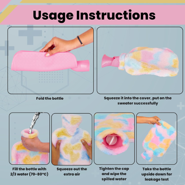 ARSH Hot Water Bag with Soft Cover – Hot & Cold Therapy for Pain Relief, Period Cramps, Neck, Shoulder, Hands & Feet (Rainbow Design) 2000ml - Image 3